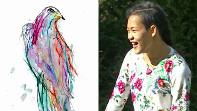 Tliji Grant y uno de sus dibujos