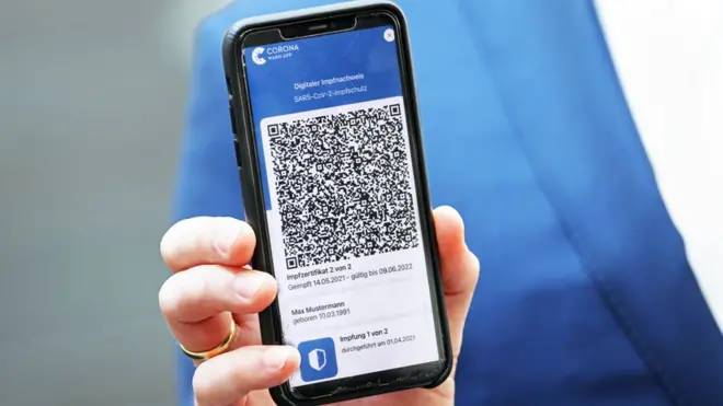 QR code from an EU Digital Covid Certificate on a smartphone screen
