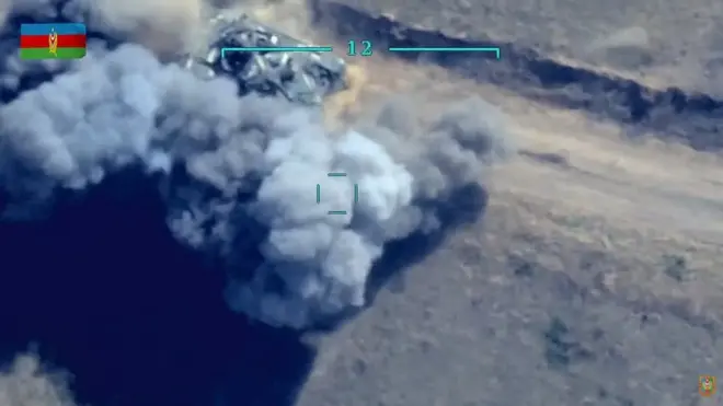 Azerbaijan still of tank being attacked on 30 September