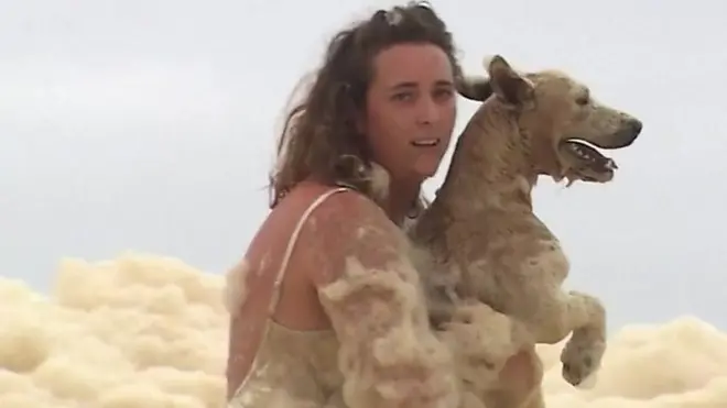 إنقاذ كلب من بحر من الرغوة وسط موجة طقس سيئ تضرب أستراليا