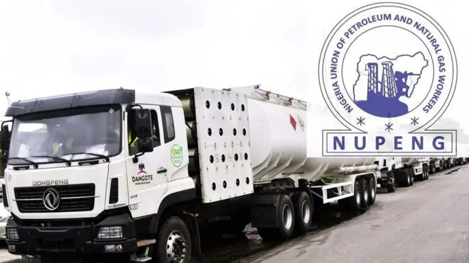 White petrol trucks belonging to Dangote Refinery with a Nupeng logo at the top right side
