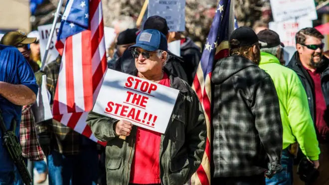 一名抗议者举着写有“停止偷窃”（Stop the Steal）的标语牌
