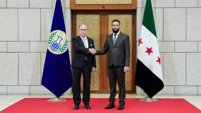 المدير العام لمنظمة حظر الأسلحة الكيميائية فرناندو أرياس خلال لقائه مع الشرع في دمشق الشهر الماضي