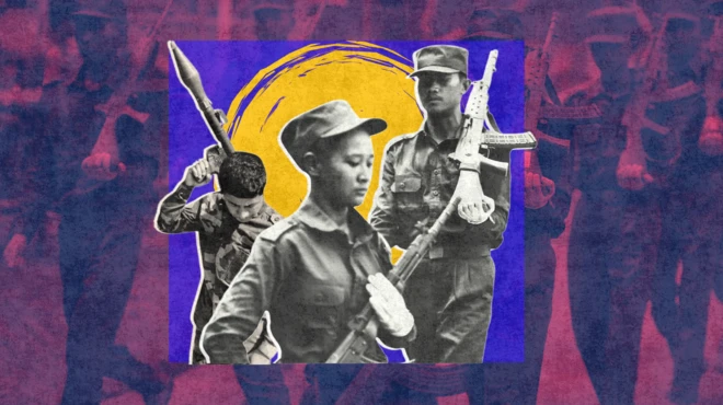 အညာက သင်တန်းဆင်းပွဲတစ်ခုမှာ မြင်ရတဲ့ကာကွယ်ရေးတပ်ဖွဲ့ဝင်တွေရဲ့ ဓာတ်ပုံကို အဖြူ အနီ အပြာ အဝါရောင်တွေနဲ ပေါင်းစပ်ထားတဲ့ ဓာတ်ပုံဖြစ်ပါတယ်။ သင်တန်းဆင်းပွဲမှာ စစ်ဝတ်စုံပြည့် လက်အိတ်အဖြူဝတ်ထားတဲ့ အမျိုးသမီးငယ်တစ်ယောက် သေနတ်ကို ရင်ဝယ်ပိုက်ထားတဲ့ပုံစံ၊ သူ့နောက်မှာ အမျိုးသား နှစ်ယောက်ရှိနေပြီး သူ့ ရိုင်ဖယ်သေနတ်တစ်လက်ကို ညာပခုံးပေါ် ထမ်းထား၊ နောက်တစ်ဦးကတော့ ပခုံးထမ်း ငှက်ပျောဖူး လောင်ချာကို ကျောပေါ်တင် ခေါင်းငုံ့ထားတဲ့အနေအထားနဲ့မြင်ရ 