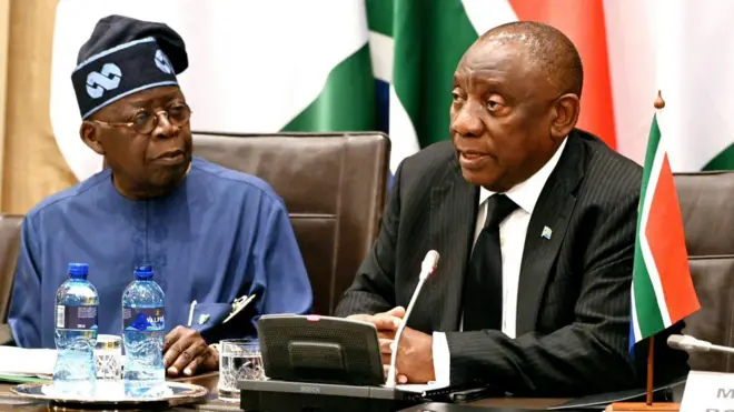 Presidents Bola Ahmed Tinubu of Nigeria and Cyril Ramaphosa of South Africa