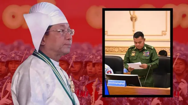 တိုက်ပုံဝတ်ထာတဲ့ဦးမင်းအောင်လှိုင်နဲ့ ယူနီဖောင်းဝတ်ထားတဲ့ ဗိုလ်ချုပ်ကြီးရဲဝင်းဦးကို စစ်တပ်နောက်ခံနဲ့ သရုပ်ဖော်ထားပါတယ်။