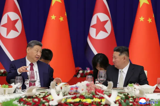 Chinese President Xi Jinping attends a banquet hosted by North Korean leader Kim Jong Un, during his state visit, in Pyongyang, North Korea, June 8, 2026, in this picture released by North Korea's official Korean Central News Agency. KCNA via REUTERS 