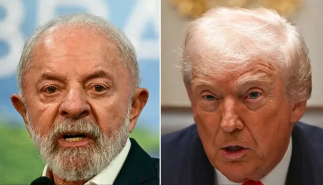 Montagem com foto de Lula à esquerda e Donald Trump à direita