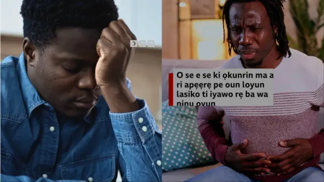 Aworan ọkunrin kan to fi ọwọ gba ori mu, ọkunrin keji to wa lapa ọtun di inu rẹ mu pẹlu ọwọ mejeeji, iwo oju rẹ si jọ ti ẹni to wa ninu irora nla.