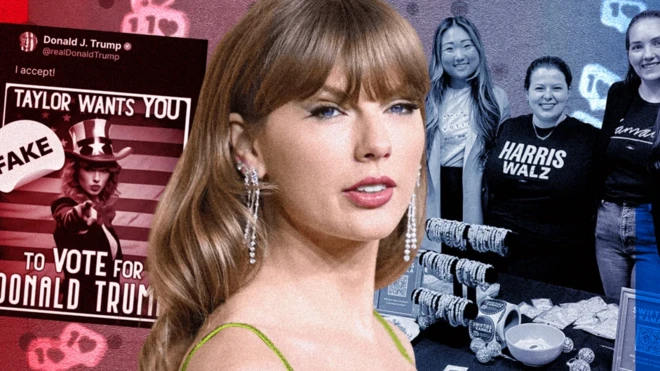 کولاژ تصاویری از تیلور سوییفت و توییت ترامپ که می‌گوید سوییفت به او رای می‌دهد و چند زن