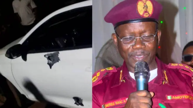 Ọga Amotekun, Isaac Omoyele mu ẹrọ gbohun-gbohun lọwọ, o wọ aṣọ iṣẹ rẹ