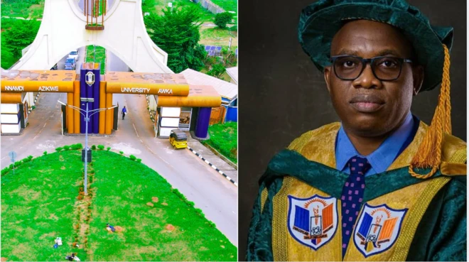 Foto of Nnamdi Azikiwe University gate and Prof. Bernard Odoh