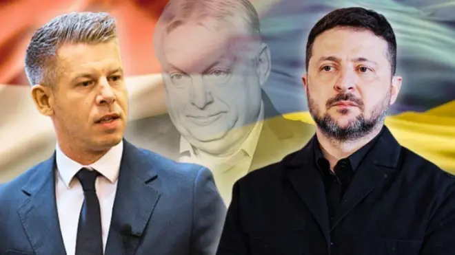 Коллаж - Мадьяр и Зеленский на фоне флагов Украины и Венгрии и полупрозрачного изображения Орбана