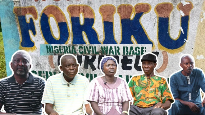 A man wey dey wear cloth wey get white stripes, anoda man wey dey wear polo looking straight, a woman wearing scarf looking sad, a man wit cap on im head wearing a pattern cloth and anoda man wey dey look straight.