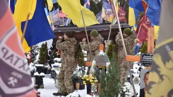 Солдати несуть труну під час похорону в Україні, 2025 рік