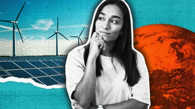 Illustration of a woman in a thinking pose against a backdrop of a red planet and wind turbines