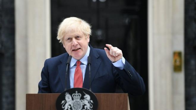 Prime Minister Boris Johnson makes a statement outside 10 Downing Street, London, as he resumes working after spending two weeks recovering from Covid-19
