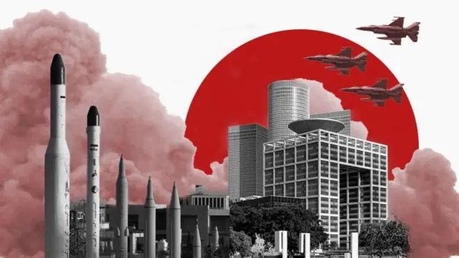 تصویری ترکیبی از هواپیماهای جنگی و موشک و ساختمانهایی در اسرائیل درحالی که دود ناشی از انفجار در پسزمینه دیده میشود