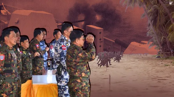 ၂၀၁၈ ခုနှစ်က ရွှေသောင်ယံမှာလုပ်တဲ့ မြန်မာစစ်တပ် ကြည်း၊ ရေ၊ လေ ပူးပေါင်းစစ်ဆင်ရေးလေ့ကျင့်မှု (ဆင်ဖြူရှင်) တုန်းက တွေ့ရတဲ့ မြင်ကွင်း (ပုံဟောင်း)