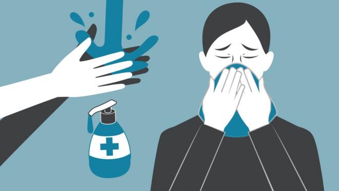 Promo image shows hands washing and woman coughing into tissue