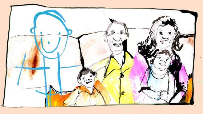Ilustração de foto de família, com desenho de um menino acrescentado com traços diferentes