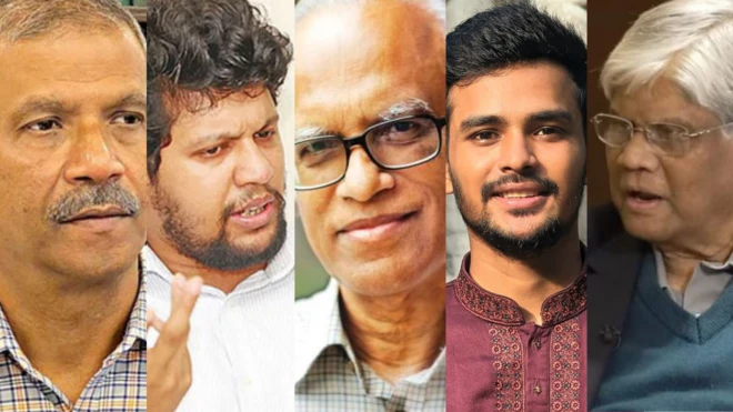 (বাঁ থেকে) আইন উপদেষ্টা অধ্যাপক আসিফ নজরুল, তথ্য উপদেষ্টা মাহফুজ আলম, পরিকল্পনা উপদেষ্টা ড. ওয়াহিদ উদ্দিন মাহমুদ, স্থানীয় সরকার উপদেষ্টা আসিফ মাহমুদ এবং অর্থ উপদেষ্টা সালেহউদ্দিন আহমেদ