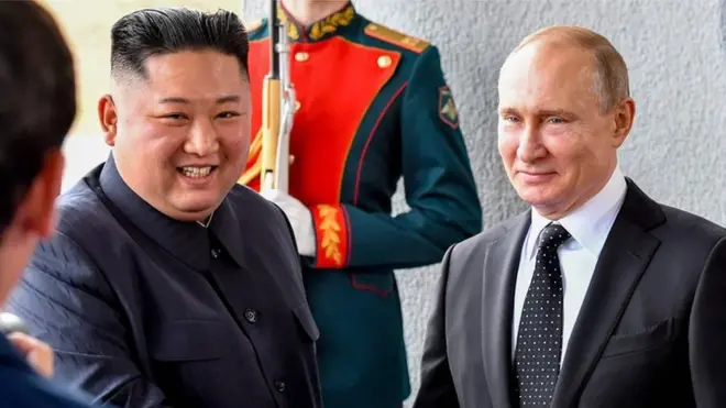 Kim Jong-un and Vladimir Putin shaking hands