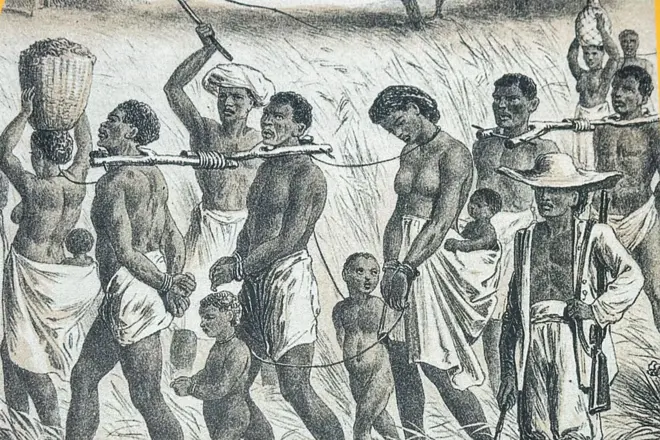 Une image sur laquelle on voit des hommes, femmes et enfants, torses nues, enchaînés qui marchent.