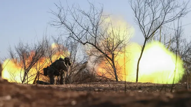 An artillery unit from National Police of Ukraine fires a D-30 howitzer at an undisclosed location on a frontline in the Zaporizhzhia region, Ukraine, 07 March 2025 (issued 09 March 2025), amid the ongoing Russian invasion.