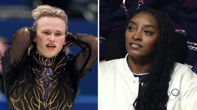 Montagem mostra imagem de Ilia Malinin e Simone Biles 
