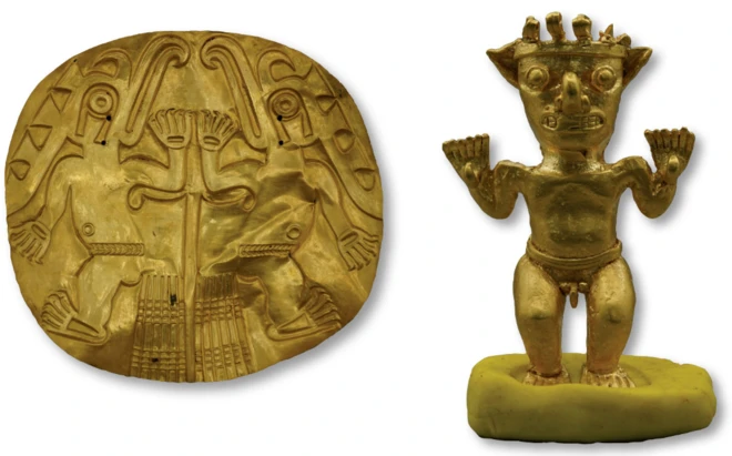 (ซ้าย) แผ่นทองคำสำหรับสวมทับทรวงอก มีลวดลายเป็นสัตว์ประหลาดที่เกิดจากการผสมผสานลักษณะของสัตว์หลายชนิด (ขวา) ตุ๊กตาทองคำขนาดเล็กที่มีหูและจมูกเหมือนค้างคาว