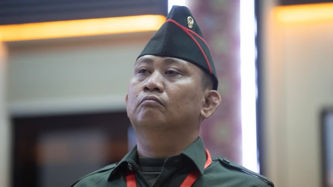 Terdakwa kasus penembakan tiga polisi di Way Kanan, Lampung, Kopral Dua Bazarsah saat menjalani sidang tuntutan di Pengadilan Militer I-04 Palembang, Sumatera Selatan, Senin (21/7/2025).