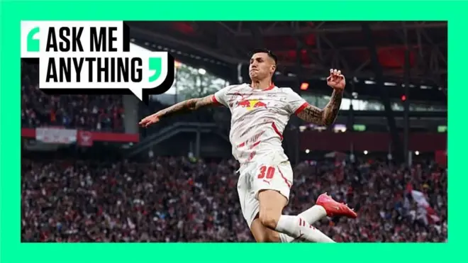 Benjamin Sesko celebrates with an Ask Me Anything border around him