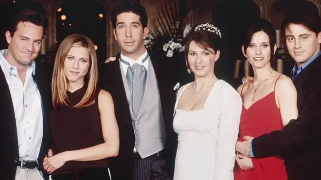 Left to right: Matthew Perry, Jennifer Aniston, David Schwimmer, Helen Baxendale, Courteney Cox, Matt LeBlanc