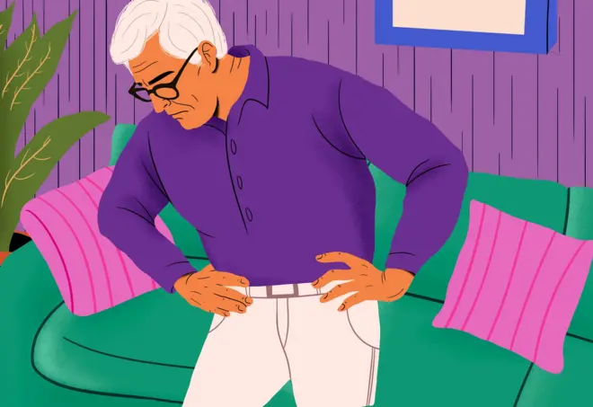 beyaz saçlı bir adamın ayakta dururken üzgünce yere baktığı bir çizim