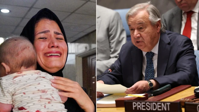 Collage image of one Iranian mother wey carry her injure pikin for Tehran inside Iran and Antonio Guterres, Secretary-General of di United Nations, during di UN Security Council meeting wia im tok about di conflict between Isreal and Iran