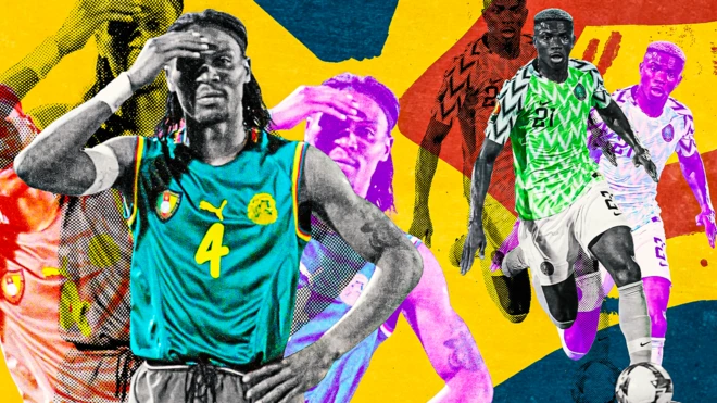 Un graphique audacieux et coloré montrant Rigobert Song dans un maillot sans manche du Cameroun en 2002 et Victor Osimhen dans un maillot du Nigeria en 2019.