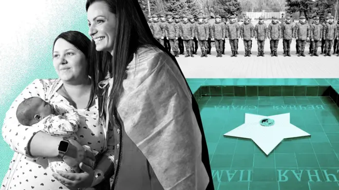 Коллаж: женщины с ребенком на фоне построения солдат