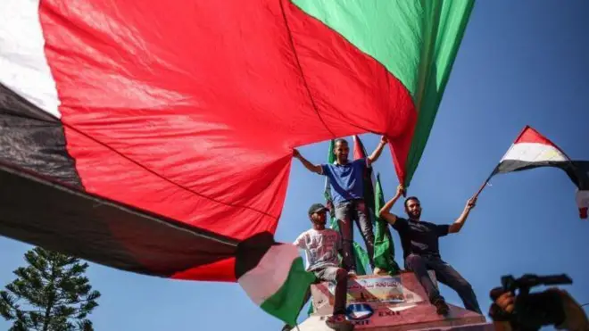 Foto colorida mostra jovens hasteando bandeira palestina