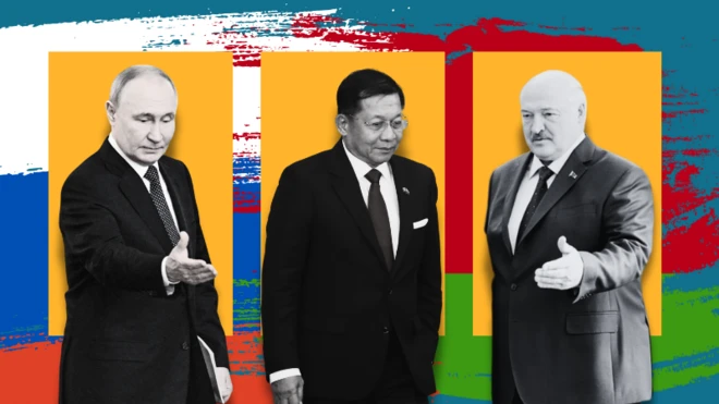 ရုရှားသမ္မတပူတင် ၊ ဘယ်လာရုစ်သမ္မတနဲ့ မြန်မာစစ်ခေါင်းဆောင်တို့ သရုပ်ဖော်ပုံ