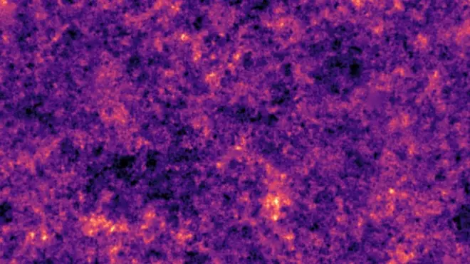 Вот так выглядит карта темной материи. Яркие вспышки - это места, где темная материя достигает наибольшей концентрации
