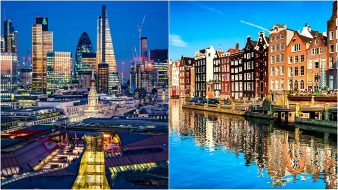 Londres (izda.) tienen un fantástico entorno tecnológico, pero la propiedad en Ámsterdam (dcha.) es mucho más asequible.