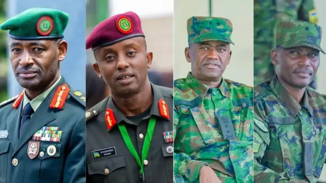 Ifoto ifatanyije mu buryo bw'ikoranabuhanga igaragaza abasirikare bakuru bo mu ngabo z'u Rwanda bafatiwe ibihano n'Amerika. Bambaye impuzankano za gisirikare zinyuranye, ziganjemo ibara ry'icyatsi kibisi. Uvuye ibumoso ujya iburyo: Gen Mubarakh Muganga, Maj Gen Ruki Karusisi, Maj Gen Vincent Nyakarundi na Brig Gen Stanislas Gashugi. 