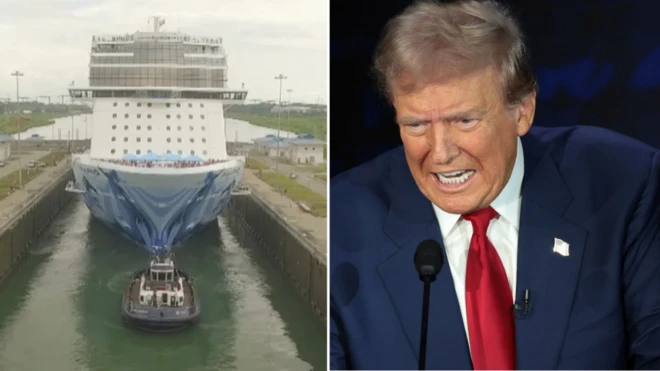 Panama Canal dey for right while Trump on red tie dey right side.