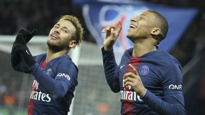 Neymar and Kylian Mbappe celebrate a goal for PSG