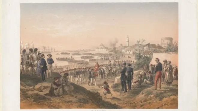 Fransız ressam Isidore Laurent Deroy'nun tablosunda Ömer Paşa komutasındaki Osmanlı ordusunun Kırım'daki Gözleve'ye (Kezlev) çıkışı, 1855.
