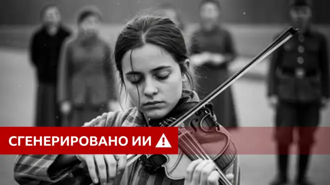 Черное-белое фото. Девушка в полосатой робе играет на скрипке.