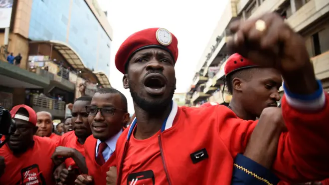 Bobi Wine, whose real name is Robert Kyagulanyi, at a protest