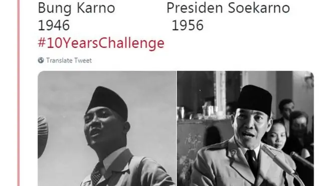 Akun foto-foto sejarah @potretlawas menggunakan kesempatan tantangan 10 Tahun untuk mengunggah foto dan kisah tentang apa yang terjadi pada pandangan politik Bung Karno antara 1946 dan 1956.