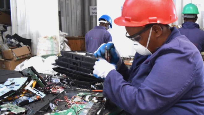 WEEE Centre's technicians dismantling electronic devices - iron and copper can be recovered in Kenya, but precious metals have to be dealt with out of Africa